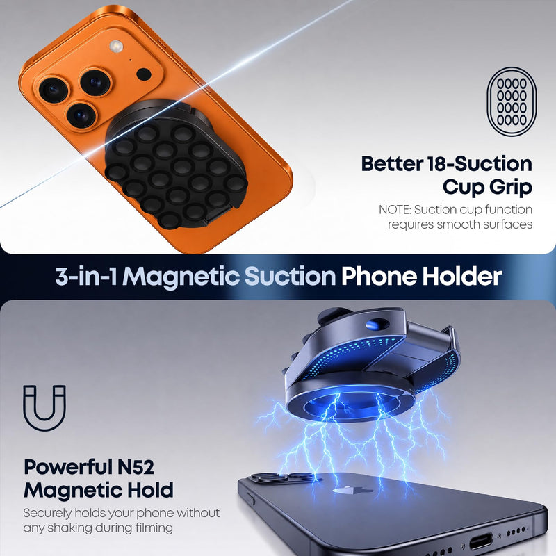 ALCOVA MagLock 3-in-1 Suction Magnetic Phone Holder for MagSafe | Phone Tripod Mount with Carabiner Clip, Compatible with iPhone 17-12, Ideal for Car Dashboard, Gym, Kitchen, Office