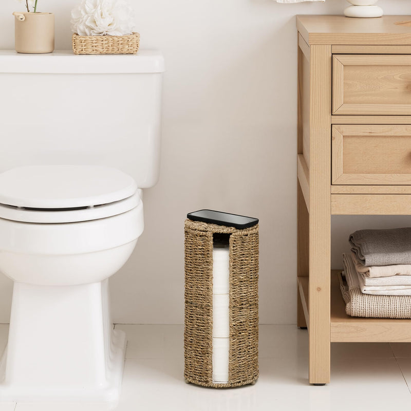 StorageWorks Seagrass Free Standing Toilet Paper Holder Stand for Bathroom, 3 Rolls of Toilet Tissue Storage with a Built-in Cloth Lining, Toilet Roll Holder Stand with Lid Natural（seagrass） 6¾"D(For 3 Roll)