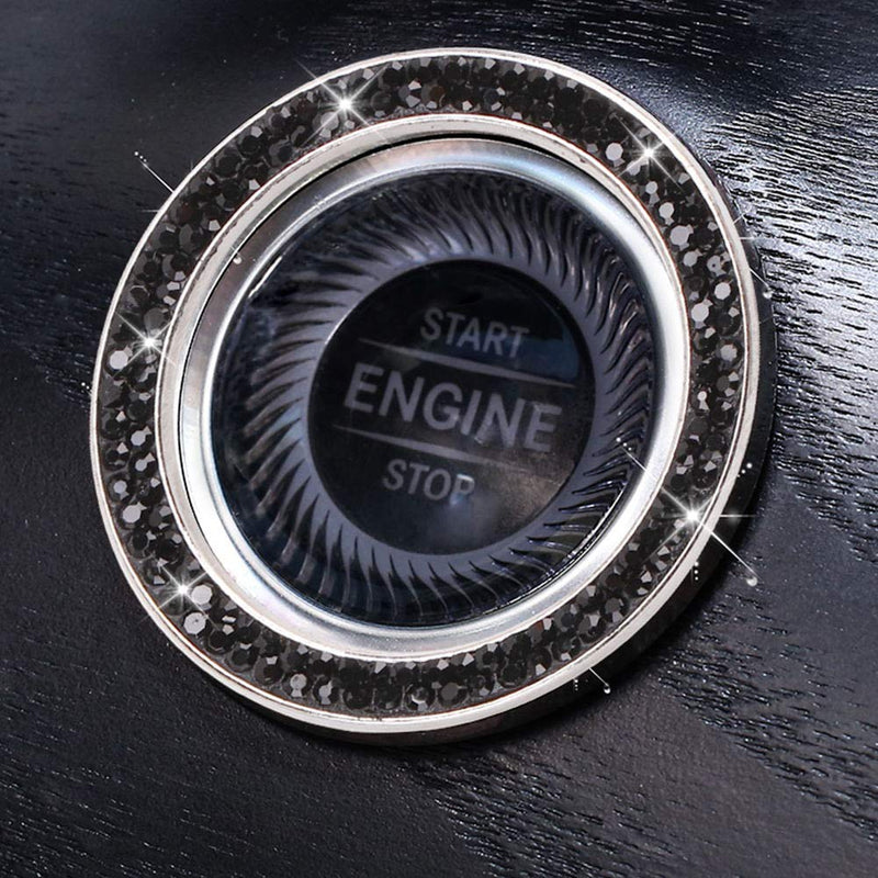Bling Car Crystal Rhinestone Ring Emblem Sticker, Car Interior Decoration, Bling Car Accessories for Women, Push to Start Button, Key Ignition Starter & Knob Ring (Black) H-dark Black