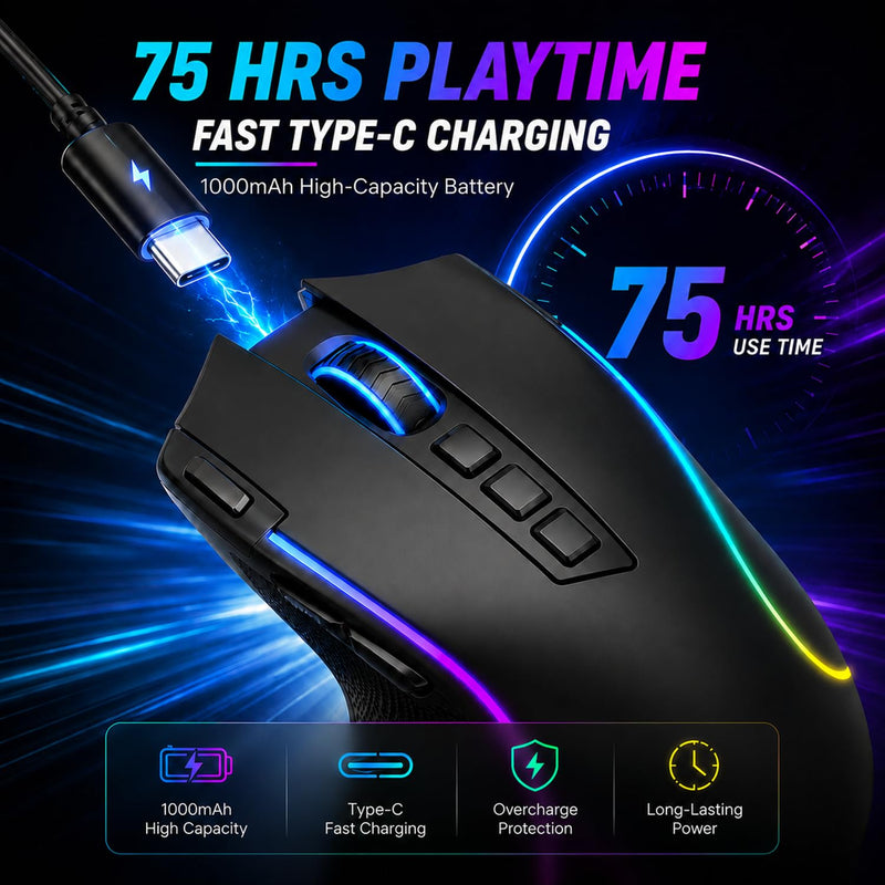 E-YOOSO Wireless RGB Gaming Mouse, Tri-Mode, 8000 DPI, Rechargeable | Rapid-fire key, 9 customizable buttons, 1000Hz polling, 75-hour battery, 6 RGB modes, for PC gaming and work Black