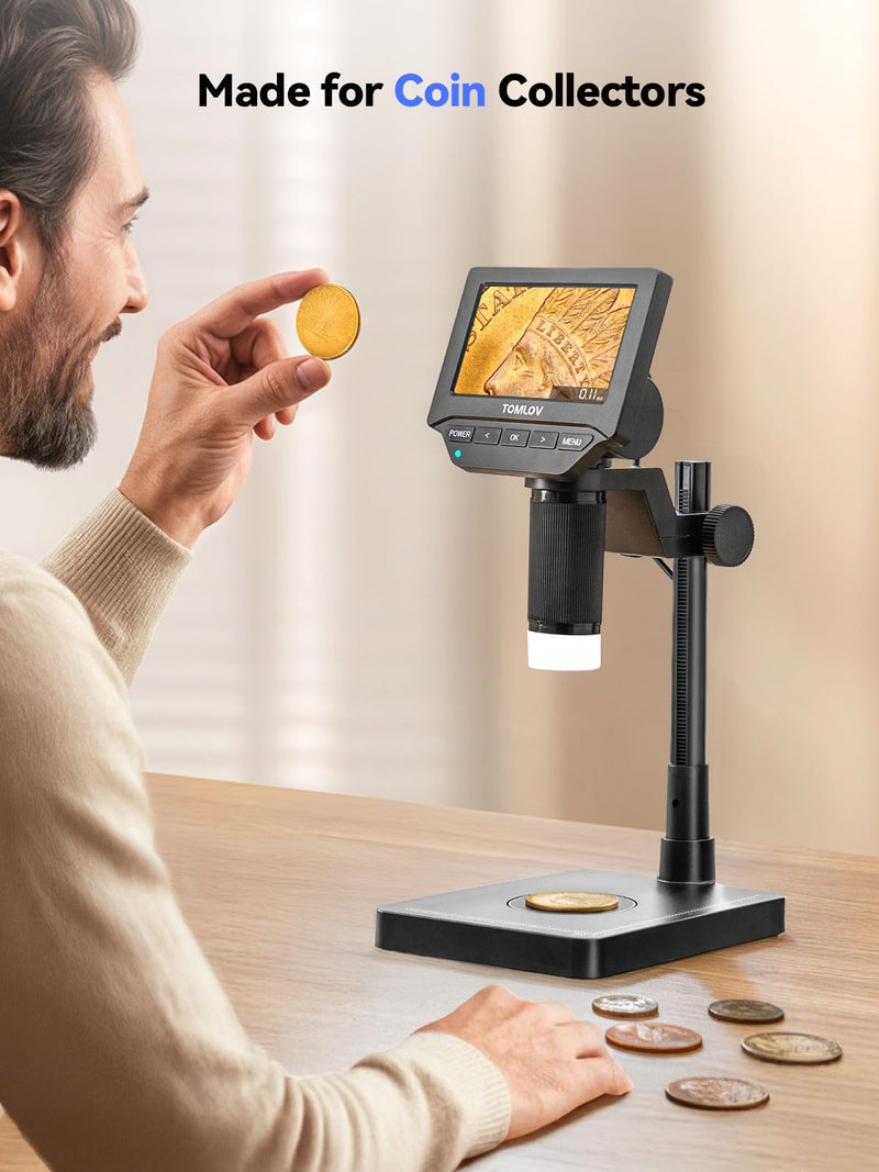 TOMLOV DM4W Microscope with Weighing Scale: 4.3" Digital Coin Microscope with Screen, Error Coin Magnifier with Lights, Weight Scale for Collectors, Jeweler, Students, Compatible with Windows/Mac Digital Microscope with 4.3 Inch Screen