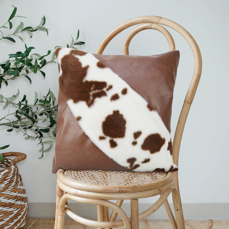 TOMWISH Faux Fur and Artificial Leather Throw Pillow Covers 18x18 Set of 2,Western Decor Christmas Decorative Modern Throw Pillows for Bedroom Living Room Sofa Car Cushion Cover(White and Brown) 18" x 18" (Pack of 2) Faux Fur and Artificial Leather-1