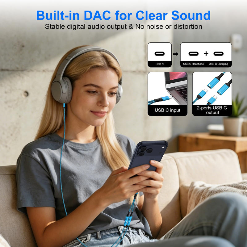 USB C Splitter 1 in 2 out Audio and Charger Adapter 60W iPhone 17 Charger Fast Charging Cable for iPhone 17e/17 Pro Max/17 Pro/16 Pro Max/16 Plus/16Pro/16/16e/15Pro Max/Plus/Pro,USB C Wired Headphones Blue-2