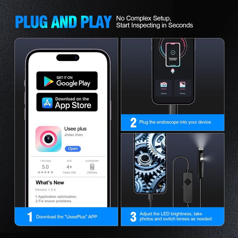 Endoscope Camera with Light, 1920P HD Borescope with 8 Adjustable LEDs, Semi-Rigid Snake Cable, IP67 Waterproof Inspection Camera for iOS & Android - 16.4FT-Dual Lens Black