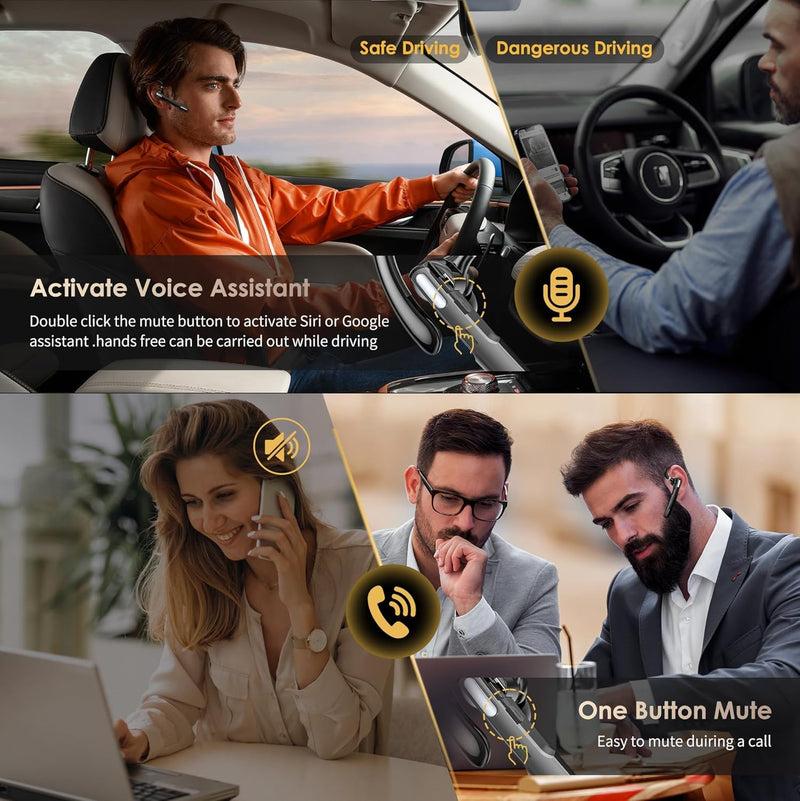 SneKa Bluetooth Earpiece Wireless Headset for iOS Android Cell Phone, Gray | 10 Hours Talking Time, V5.0, Mic with Mute Button, Single-Ear, Hand-Free, compatible with both left and right ears