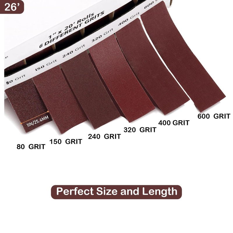 Emery Cloth Roll, 6 Grits 1'' x 26' Sand Paper Roll with Dispenser, 80 150 240 320 400 600 Grit Sandpaper Assortment, Wet Sanding Paper for Metal Automotive Furniture Wood 6rolls 8m