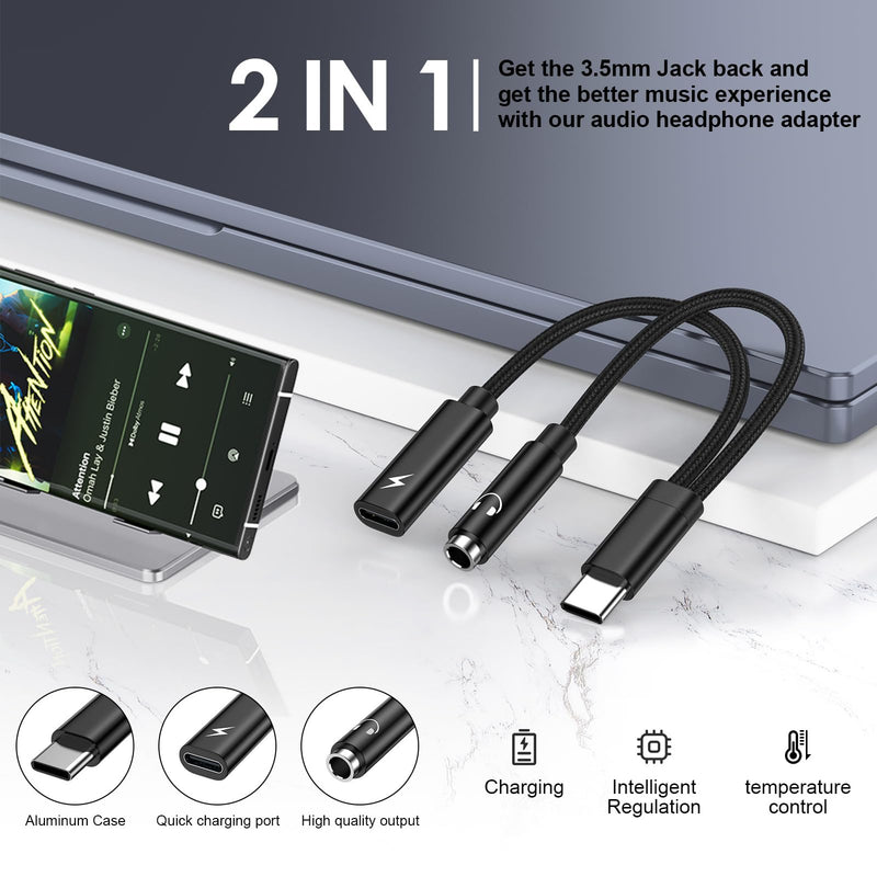 USB C to 3.5mm Headphone Charger Adapter USBC Splitter 2 in 1 Dongle Cable | Fast Charging Aux Audio Jack Adapter for Samsung Galaxy S26 Ultra A37 A17 A36 A27 A57 S25FE A16 A54 S24,iPhone 17 16,Pixel 10
