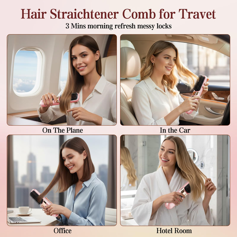  [AUSTRALIA] - Go Brush Pro UK Cordless Hair Straightener Brush, Pink | Rechargeable Ceramic Styling / 4 Heat Modes / LED Display / Portable for Travel & Daily Touch-Ups