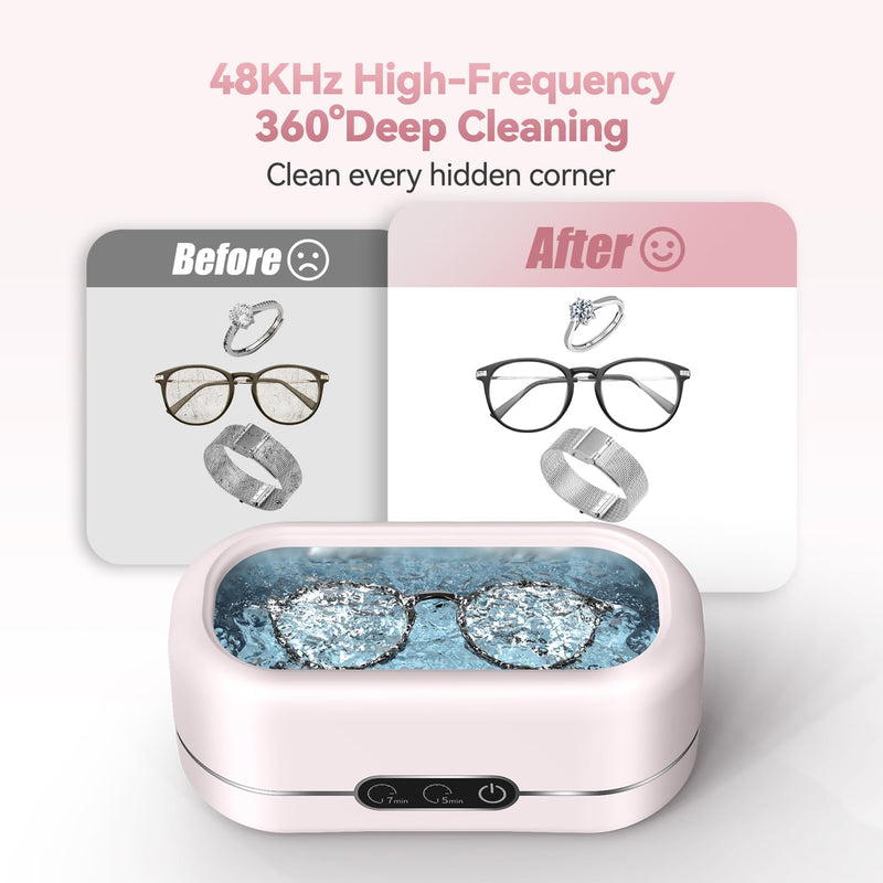 BYASKZIV Jewelry Cleaner Ultrasonic Machine, Upgraded 48KHz Ultrasonic Cleaner with 304 Stainless Steel for Jewelry, Eyeglasses, Rings, Watch Strap, Dentures-Pink Pink