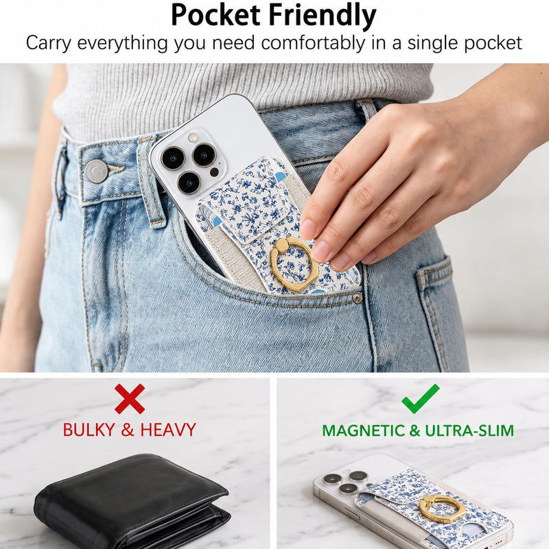 Compatible with Magsafe Ring Stand Card Holder Wallet (Blue Floral) | for iphone 17/16/15/14/13 Series for Women Men Fit 6 Cards with Privacy Flap Blue Floral
