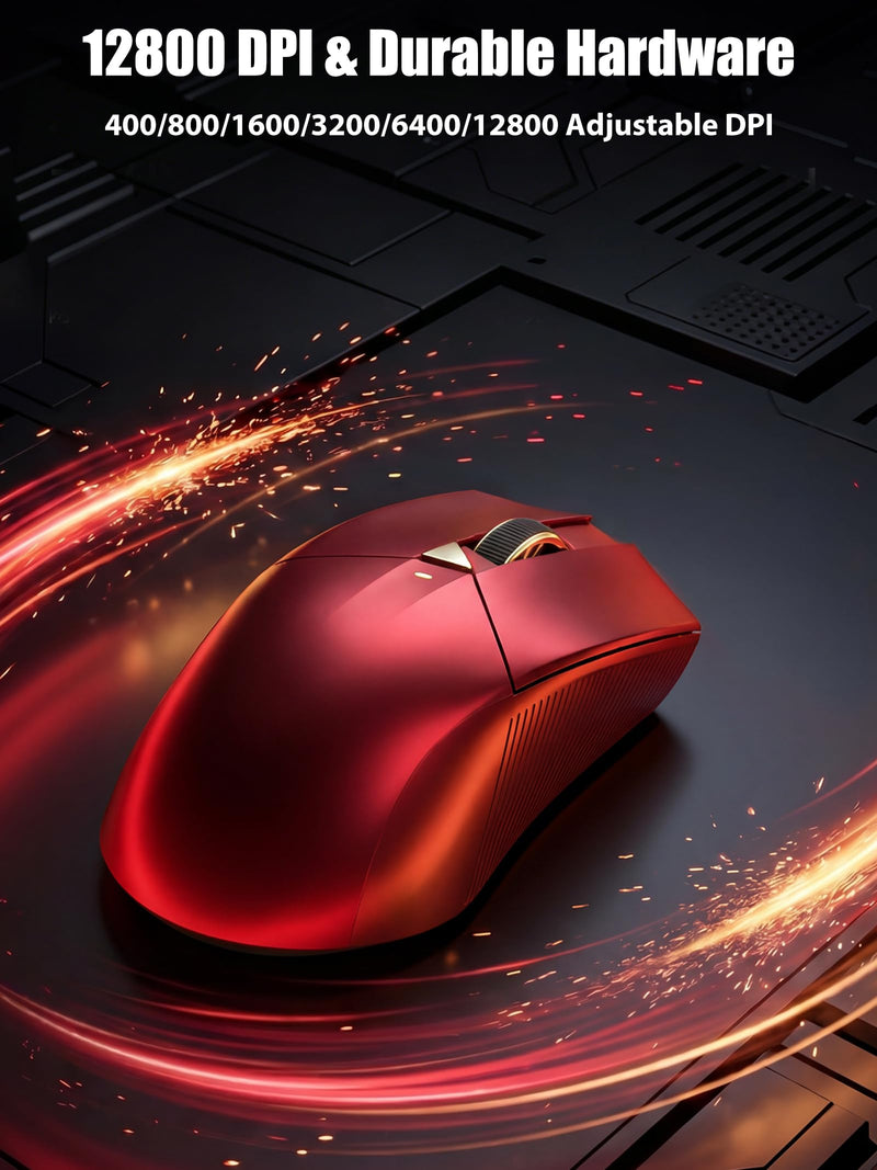 Wired/Wireless Gaming Mouse, Tri-Mode 2.4G/BT/USB-C, PAW3311 Sensor | 12800 DPI, Dual 1K Polling Rate, 62g Lightweight, 800mAh, Macro Programmable, Ergonomic Mouse for Win/Mac/PC/Laptop, Red