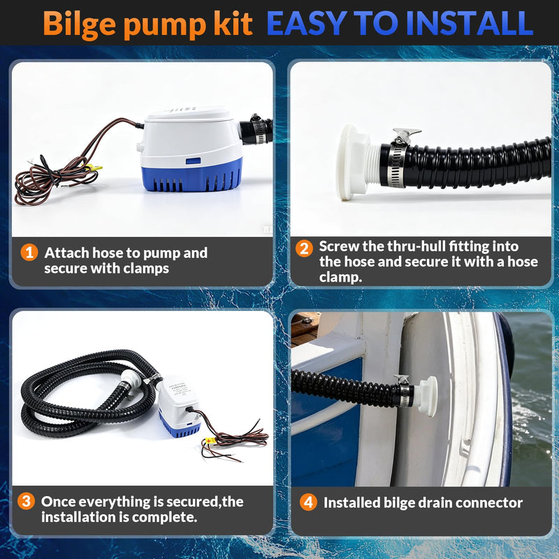 12V 1200GPH Automatic Marine Bilge Pump Kit, 1-1/8 Inch Submersible Drain Set with 6.3FT Hose, Pure Copper Clamps, Stainless Steel Hose Clamps, Thru-Hull Fitting & Seal Rings, Fits Yachts, Boats & RVs