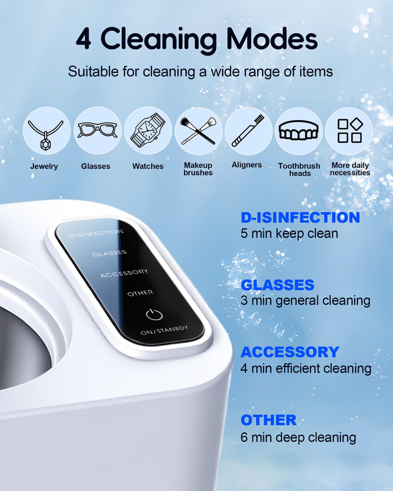 Ultrasonic Jewelry Cleaner Machine, 48KHz Ring Ultrasonic Cleaner, 4 Cleaning Modes - Suitable for Eyeglasses, Jewelry, Rings, Watchbands, Braces, Dentures, 13.5oz 304 Stainless Steel Tank for Gift White