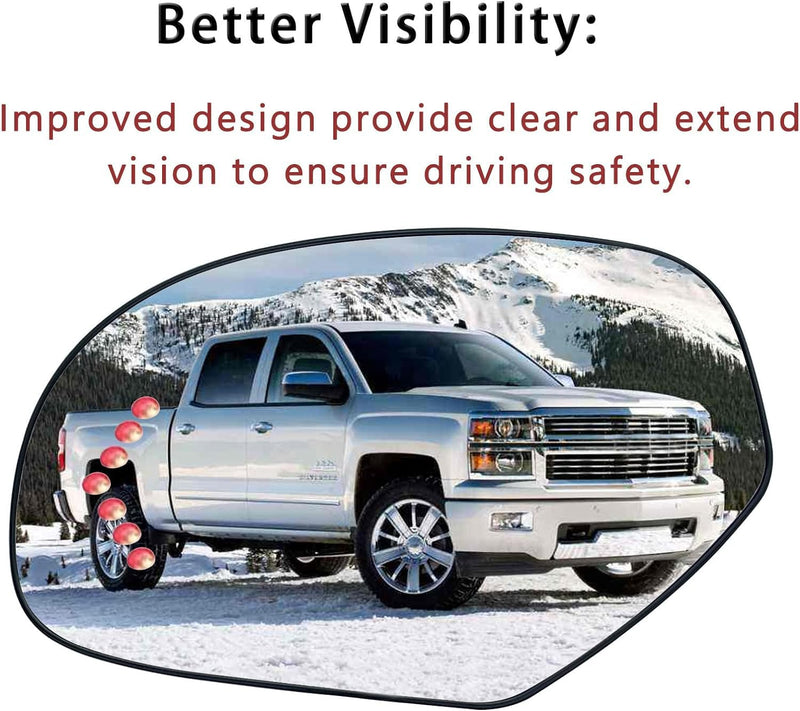 Driver Side Heated Mirror Glass Replacement For 2007-2013 Cadillac Escalade Yukon Suburban Silverado GMC Sierra Tahoe Avalanche Sierra - Side Mirror with Rear Holder and Turn Signal Left (Driver Side)