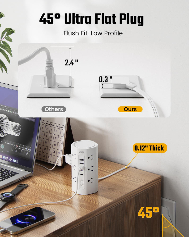 SUPERDANNY Tower Power Strip, 10Ft Extension Cord, 1700J, 12 AC 5 USB,White | 3 USB A, 2 USB C, Surge Protector Power Tower, Flat Plug, Desk Charging Station with Multiple Outlets, Home Office Dorm Room White 10 FT