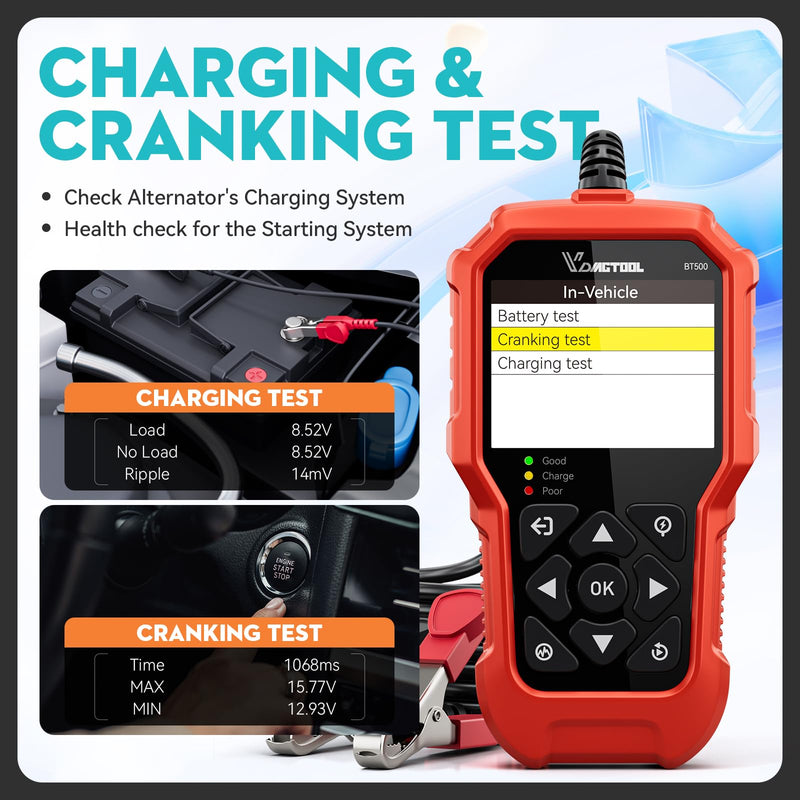 Car Battery Tester 6V 12V 24V VDIAGTOOL BT500, 5-3000 CCA Battery Load Tester, Starter Alternator Tester Automotive Charging Cranking System Analyzer for Car Truck Motorcycle SUV ATV Boat