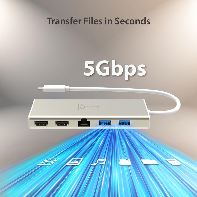 j5create USB-C Mini Dock- Type C Hub with 2X HDMI, 2X USB 3.0, Ethernet, Power Delivery 2.0 (JCD381)