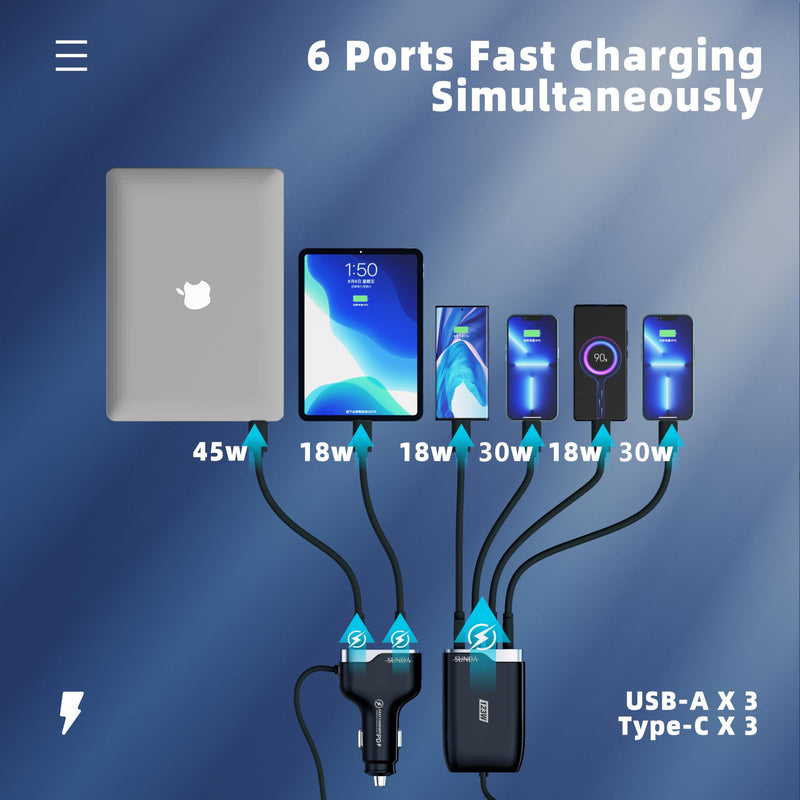 6 Multi Ports USB C Car Charger, 123W Fast Car Charger Adapter, PD 45W Compatible with iPhone16/Galaxy/Samsung S24, Type C Cigarette Lighter USB Charger with 5.7FT Cable for Rear Seat Charging(Black) CC60-Black 123W
