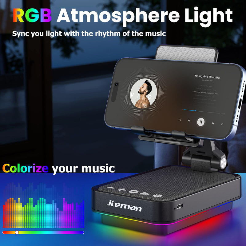 JTEMAN Cell Phone Stand with Bluetooth Speaker and Rhythm-Synced Light, Unique Birthday Gift Ideas