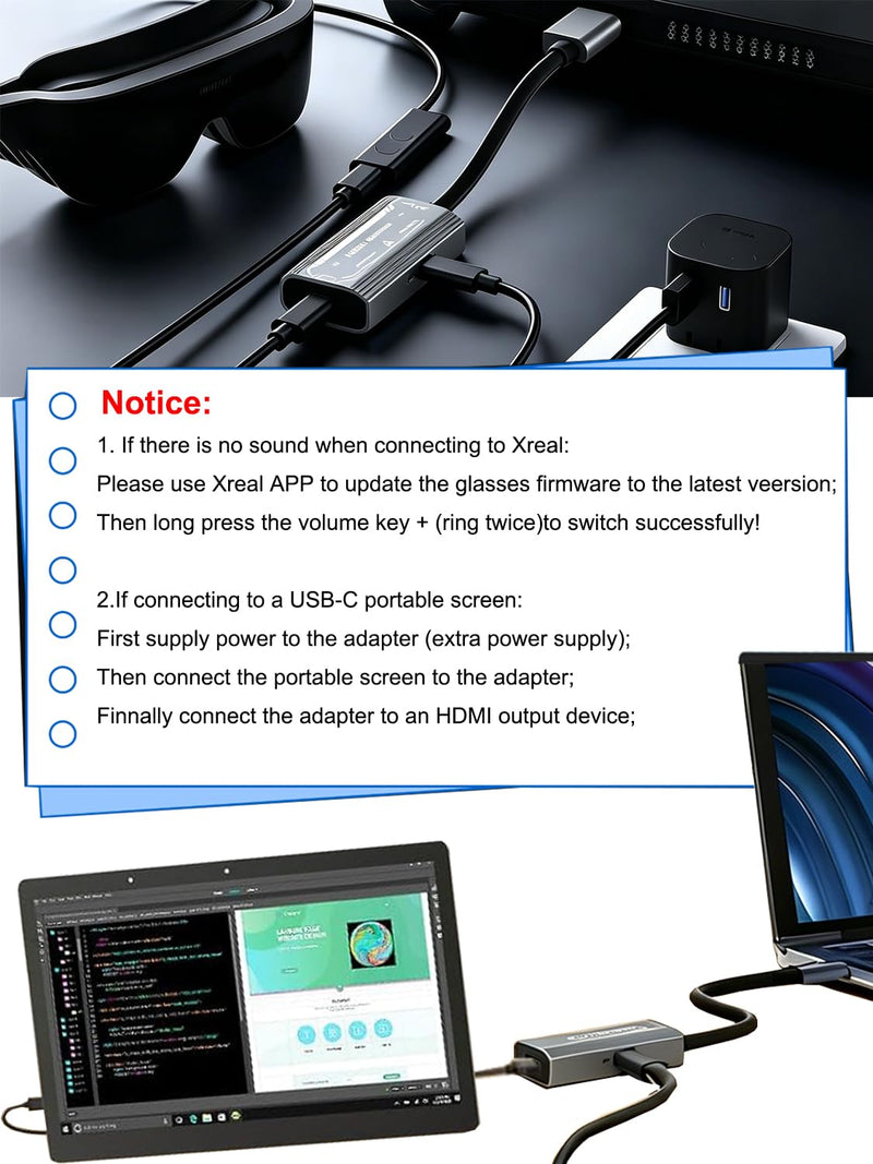 HDMI to USB C Adapter 4K@60Hz for AR Glasses - HDMI Source to USB C Display for XREAL One/Air 2 Pro,VITURE Pro,RayNeo,Rokid,Switch 2/1,Steam Deck,PS5/4,Xbox,ROG Ally,Monitor, HDMI Male to USB C Female