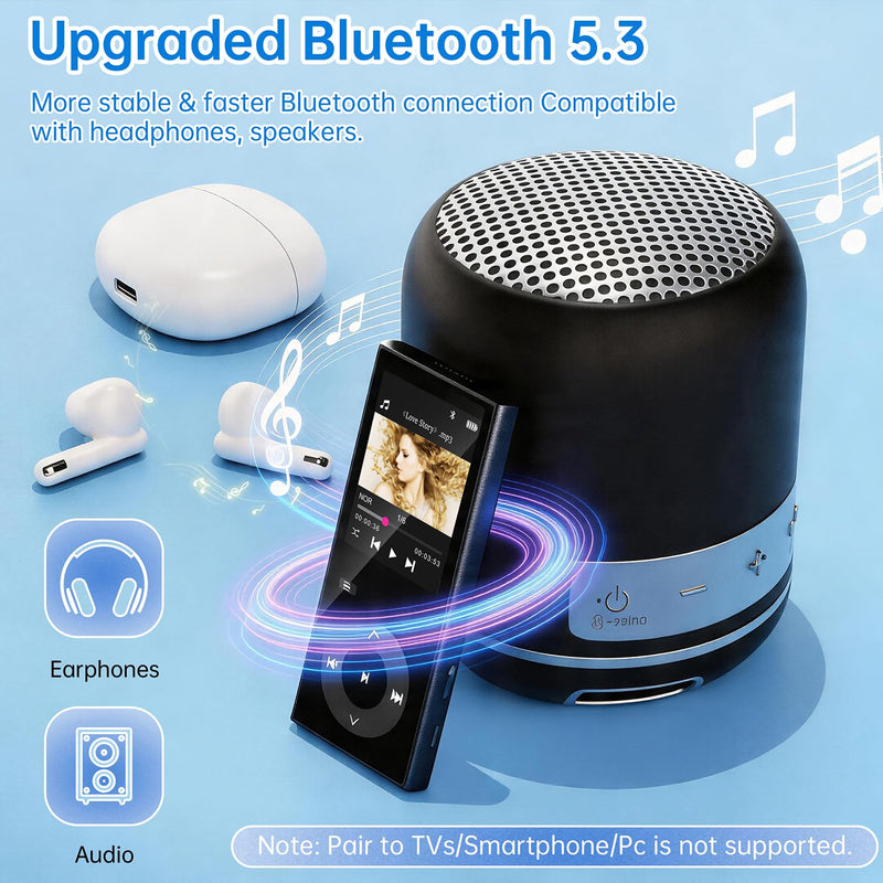 90GB MP3 Player with Bluetooth 5.3, Music Player with 2 TF Card Slots | 2.4" Color Screen, Touch Buttons, MP3 Player for Kids Built-in Speaker, HiFi Sound, Supports up to 256GB, Earphones Included 90 GB