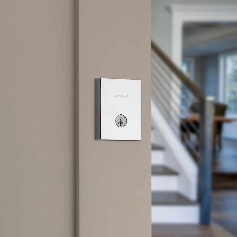 Kwikset San Clemente Deadbolt Lock, Polished Chrome Rectangle Exterior Keyed Front Entry Door, Pick Resistant SmartKey Rekey Security, Single Cylinder Dead Bolt