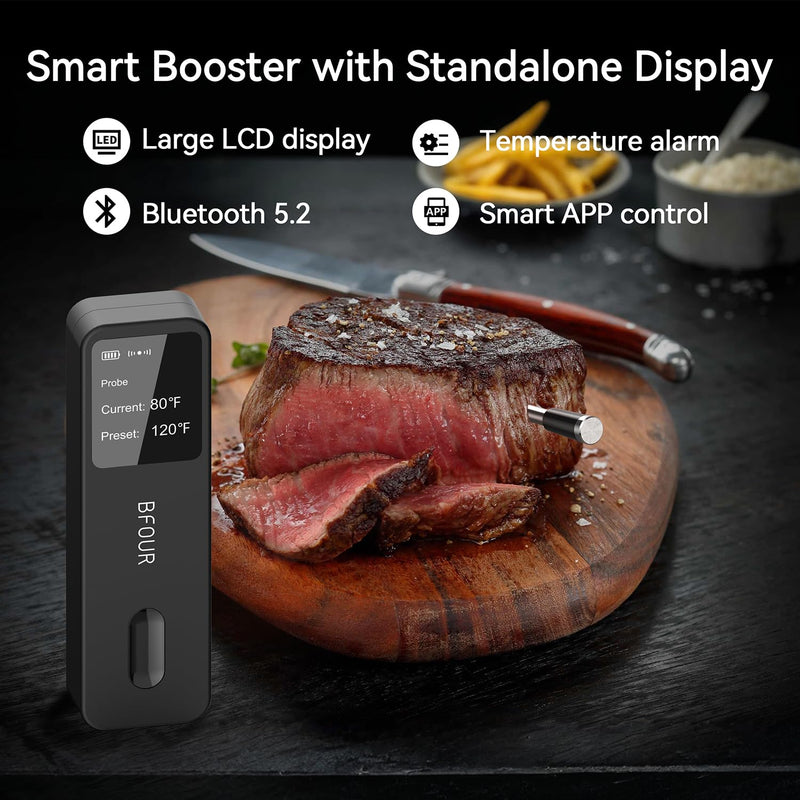 BFOUR Meat Thermometer Digital Wireless with LCD Booster, Bluetooth Food Cooking Thermometer with Smart App, 524FT Remote Range, 100% Waterproof & 752°F Heat Resistant Probe for BBQ Oven Grill Smoker Black