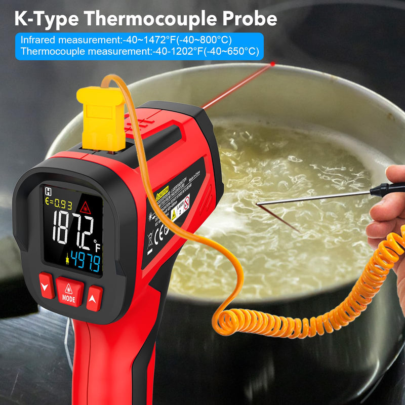 Infrared Thermometer Gun, Digital Laser Temperature Gun with Probe, -40°F~1472°F Non-Contact IR Thermometer with Adjustable Emissivity for Cooking, Pizza Oven, Griddle, Grill & Meat Red IR06 PRO -40℉~1472℉(-40℃~800℃)