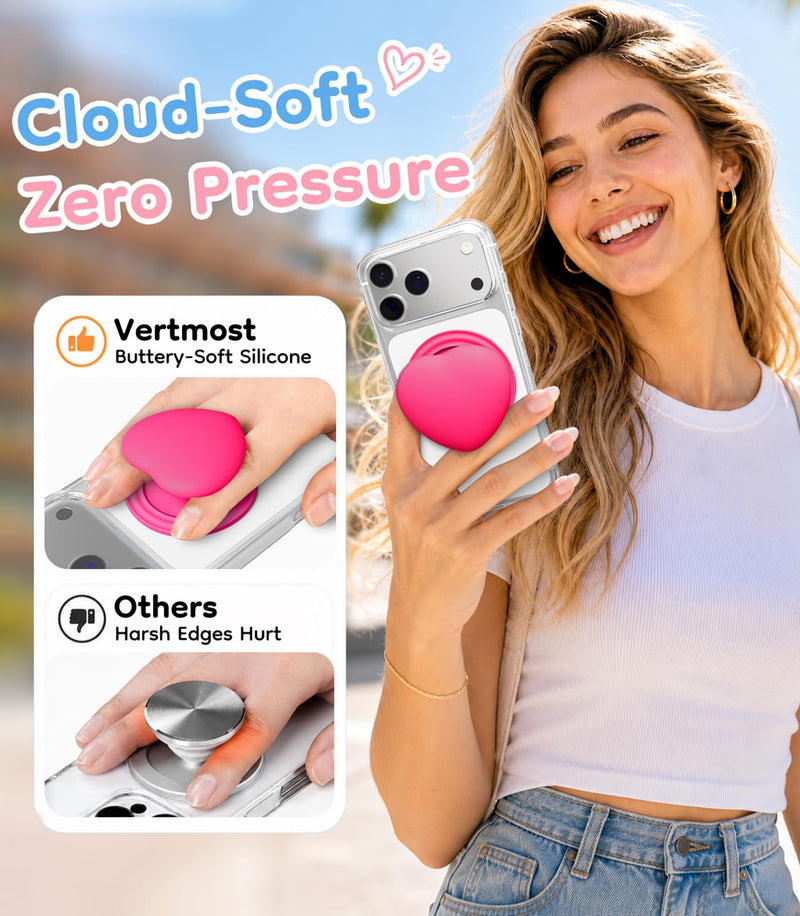 Cute Heart for MagSafe Phone Grip, Soft Silicone, Neonpink | Magnetic Finger Grip Holder & Adjustable Kickstand, One-Touch Attachment for iPhone 17 16 15 14 13 12 11 Samsung