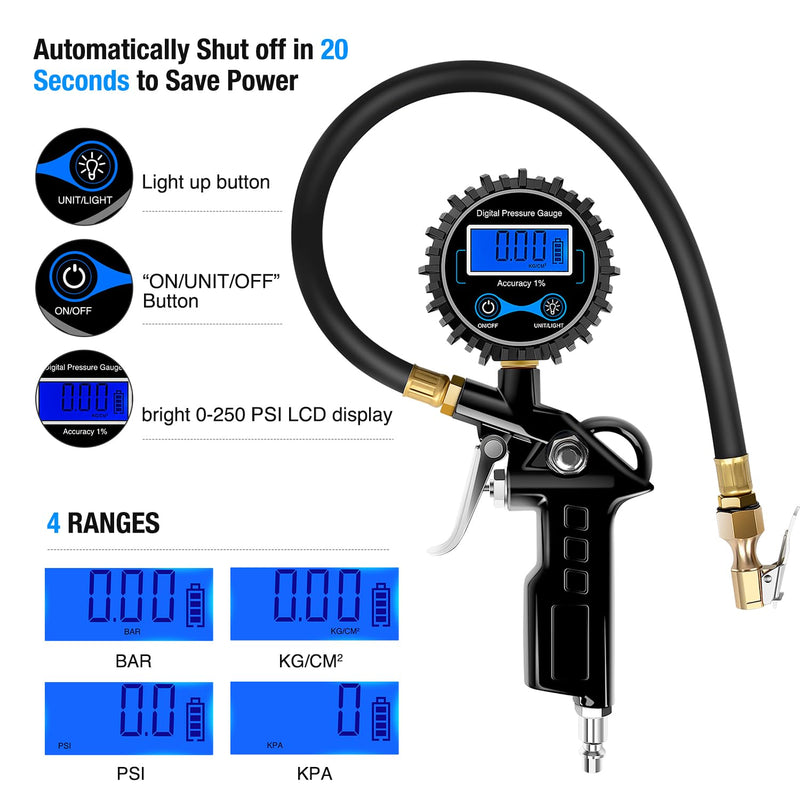 Nilight 50026R Digital Tire Inflator Pressure Gauge,250 PSI Air Chuck and Compressor Accessories Heavy Duty with Rubber Hose Quick Connect Coupler for 0.1 Display Resolution Tire Pressure Gauge Style 1