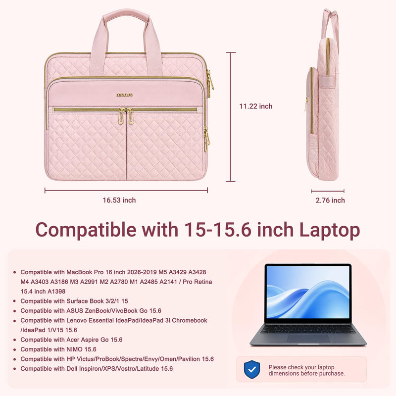 MOSISO Laptop Case 16 inch, 15-15.6 inch Laptop Sleeve with Handle, Pink | Compatible with MacBook Pro 16, HP Acer Dell Lenovo ASUS, Square Quilted Protective Carrying Computer Bag with 3 Pockets&Belt
