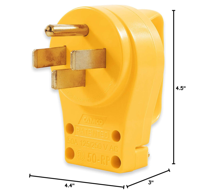 Camco Power Grip Camper/RV Replacement Plug - Attach 50 Amp Plug to Existing RV Extension Cord - Features 50 Amp RV Plug (NEMA 14-50P) & Ergonomic Designed Handle - Rated 125-250V/12,500W (55255)