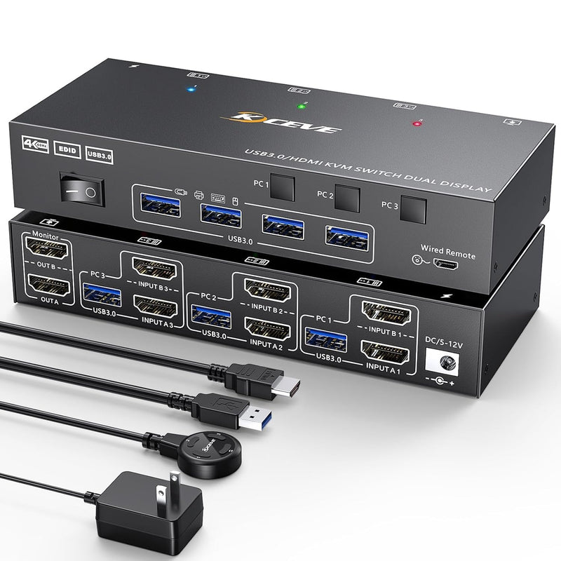 HDMI KVM Switch 2 Monitor 3 Computers, Reyoten Support 4K@60Hz USB 3.0 KVM Switches Share 2 Monitors and 4 USB 3.0 Ports, Support Extended/Copy Mode, with DC 12V Adapter