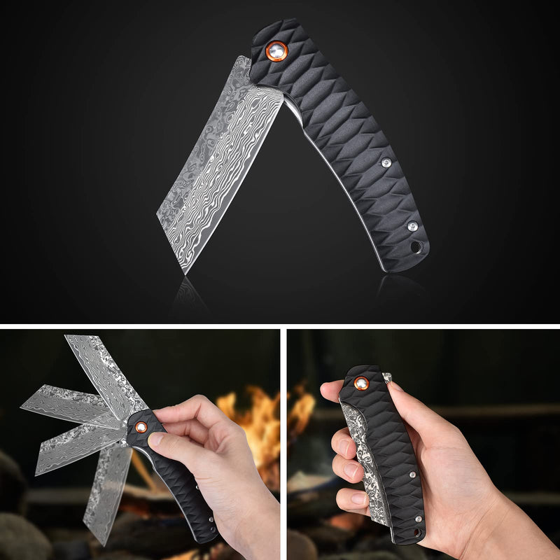 AUBEY Damascus Pocket Knife, 3.34" Damascus Steel Hollow Grind Blade, Folding Knife with Ball Bearing, Aluminum Handle, EDC Knife for Outdoor Camping Hunting A-Black Aluminum Handle