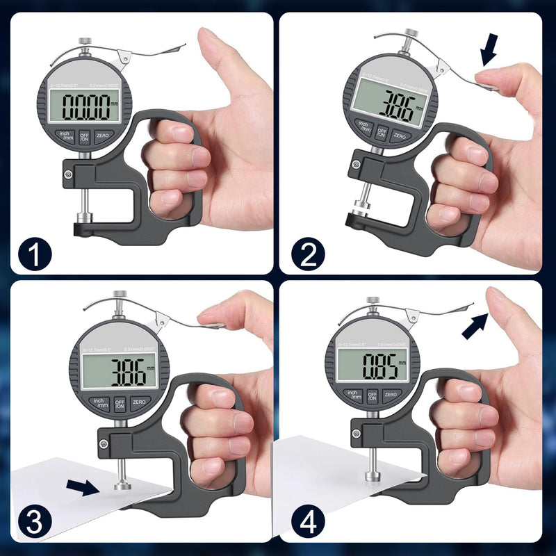 Digital Thickness Gauge 0-12.7mm/0.5" | 0.01mm/0.0005", Thickness Meter Precise Electronic Micrometer with LCD Display, Suitable for Paper/Film/Leather/Wire Thickness Gauge-Black