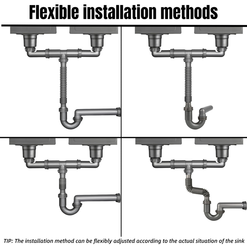 1-1/2" Double Kitchen Sink Drain Pipe kit, Expandable and Flexible P-Trap, Wall-Outlet, Completed Sink Pipe Replacement Kit