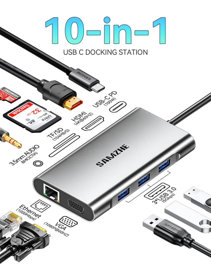 SAMZHE USB C Docking Station 10-in-1 USB-C Hub Dual 4K HDMI Monitor Laptop Dock Stations Multiple Adapter with HDMI 4K+VGA+3 USB-A 3.0 Port+100W PD Charger+Ethernet+SD/TF+Audio