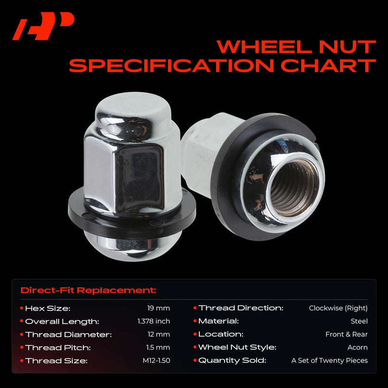 A-Premium 20Pcs M12-1.50 Wheel Lug Nuts Compatible with Honda CR-V, HR-V, Civic, Accord, Crosstour, CRX, Element, Fit, Insight, Odyssey, Pilot, Prelude & Acura CL, CSX, EL, ILX, Integra & Isuzu Oasis