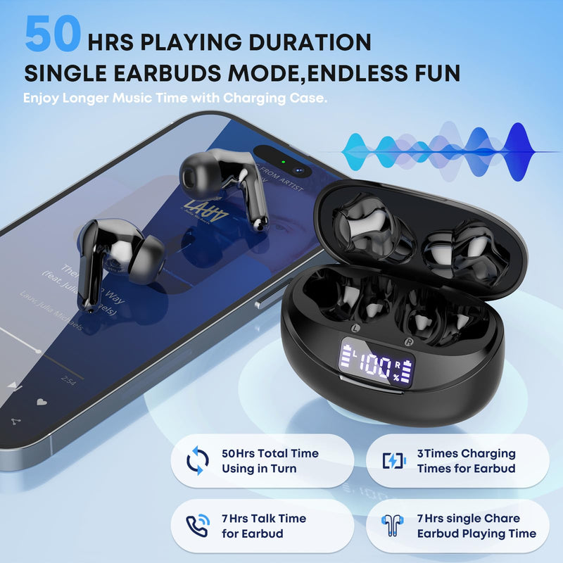 Wireless Earbuds Bluetooth 5.4 Headphones, Noise Cancelling Mic Ear Buds with 50H Playback, LED Digital Display, IPX7 Waterproof Earphones for Office/Running/Workout Jet Black