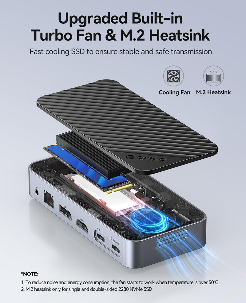 ORICO 12-in-1 USB C Hub with M.2 SSD Enclosure 10Gbps, Tool-Free USB C Docking Station with Built-in Fan, HDMI, DP, Gigabit Ethernet, 100W PD, SD/TF, Audio/Mic, USB A & Type C for Laptop Mac-M2P11