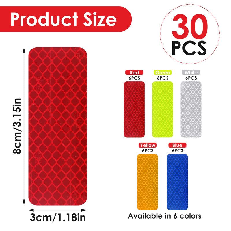30 Safety Reflective Stickers, Warning Stickers - Stick-on Car Reflector Tape for Vehicle, Bicycles, Motorcycles, 1.18 x 3.25 Inch