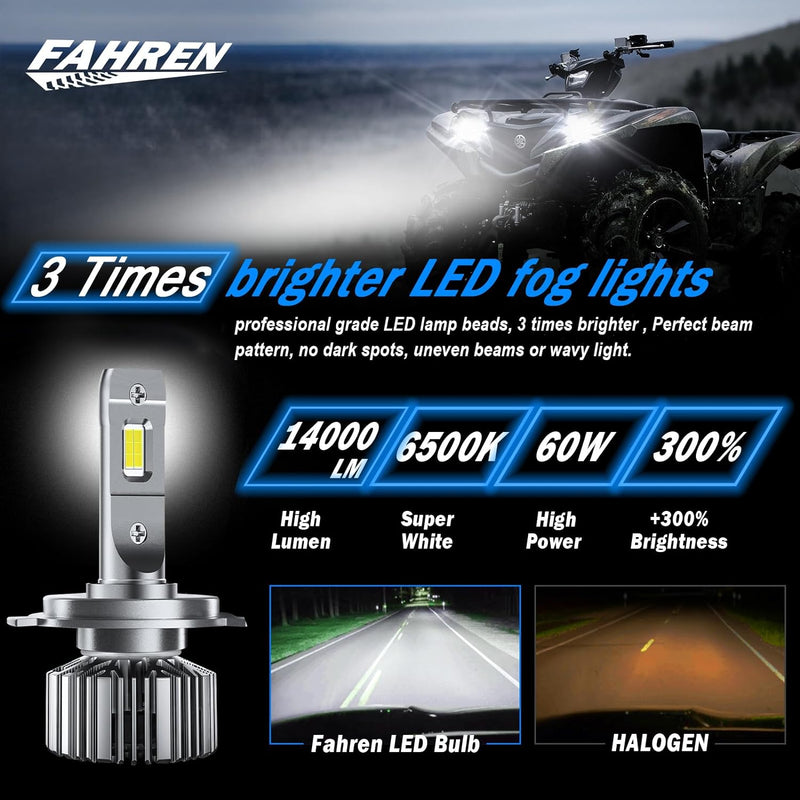  [AUSTRALIA] - Fahren H4/9003/HB2 LED Headlight Bulbs, 60W 12000 Lumens Super Bright LED Headlights Conversion Kit 6500K Cool White IP68 Waterproof