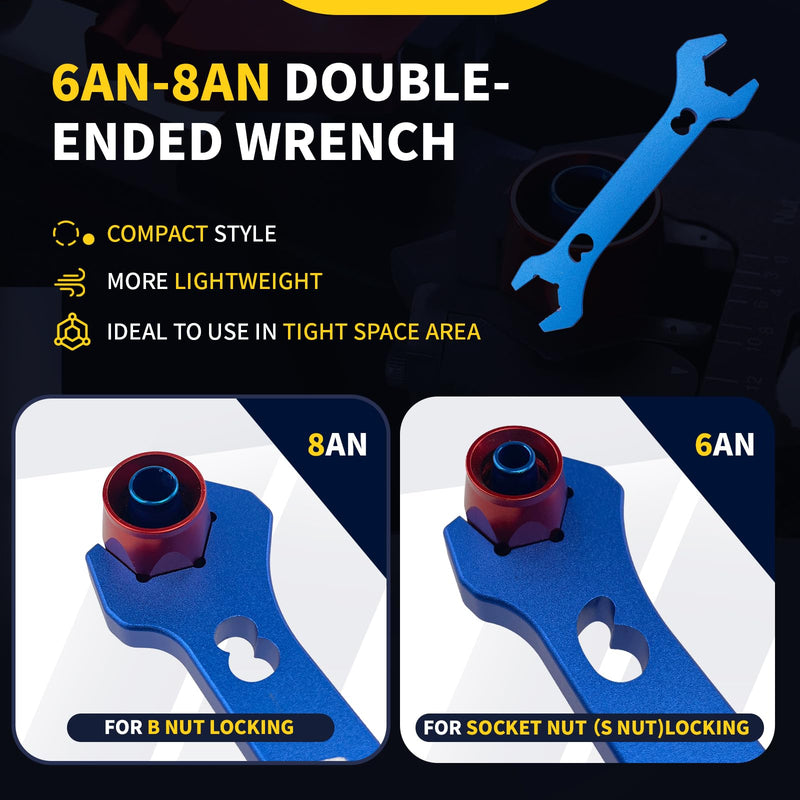 PTFE Hose Assembly Tool, Hose Reaming Tool For 4AN, 6AN, 8AN, 10AN PTFE Fuel Line Assembly. With a Double-ended AN Fittings Wrench 6AN Socket- AN8 B-nut, Blue With Wrench