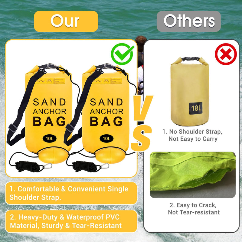 2 Pack Sand Anchor Bag, 10L Waterproof Sand Bag Anchor kit for PWC, Jetski, Kayak, Paddle Board, Small Boats, Beach - Includes 2Pcs Anchor Bag, 2Pcs 30ft Anchor Rope, 2Pcs Adjustable Buoy