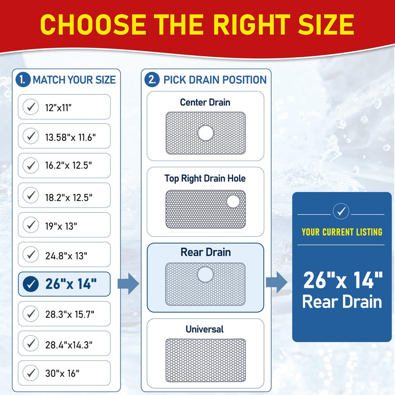 Bestjing Silicone Sink Protectors for Kitchen Sink with Rear Drain - 26"x 14" Kitchen Protector Accessory, Non-Slip Heat Resistant Grid Mat for Bottom of Farmhous Peorcelain Stainless Steel(Rear Hole) 26" x 14" Rear Drain Gray(1 Pack)