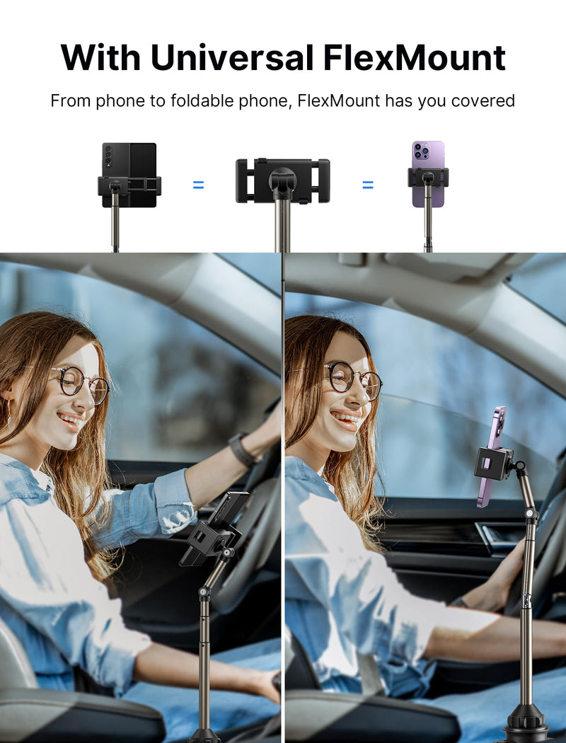 JSAUX Car Cup Holder Phone Mount for Foldable Phones & Mini Tablets | Sturdy Metal Long Arm, Flexible Height and Angle, Adjustable Base, Secure Phone Grip, Fits 2.17-4.33 in Car Cup Holders FlexMount