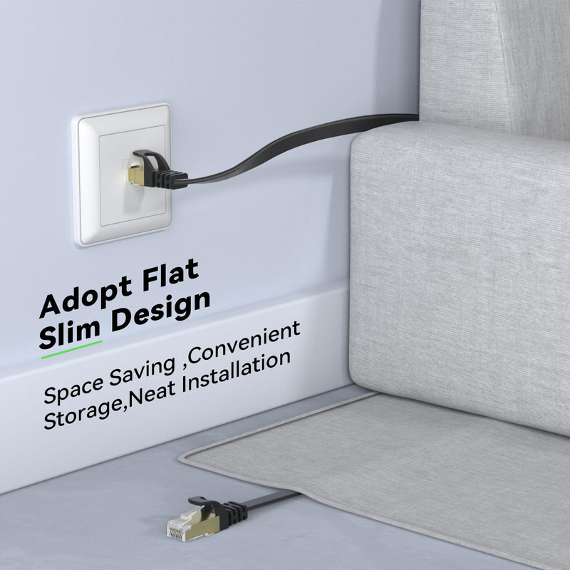 BUSOHE Cat 8 Ethernet Cable 60 FT, 40Gbps 2000MHz Cat8 High Speed Flat Internet Network Patch Cord, SFTP Shielded LAN Wire with Gold Plated RJ45 Connector, with Clips, Outdoor Indoor- 60FT Black