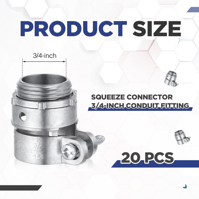 Yaocom 20 Pack 3/4-Inch Squeeze Connectors Fittings FMC Flexible Metal Conduit Squeeze Box Cable Connectors for EMT Electrical Conduit Fittings 3/4 Inch