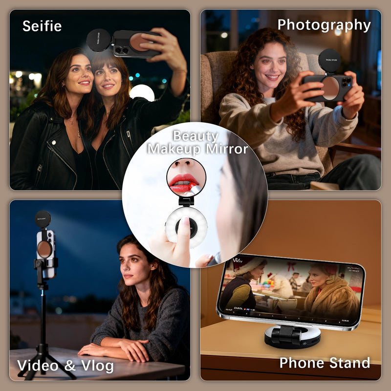 3-in-1 Magnetic Beauty Selfie Light for Phones, with 2.4" Mirror Magnetic Selfie Light, Adjusted 3 Modes, Rechargeable Fill Light for Selfies, for Photography,Makeup,Vlog,TikTok,Video(Black)