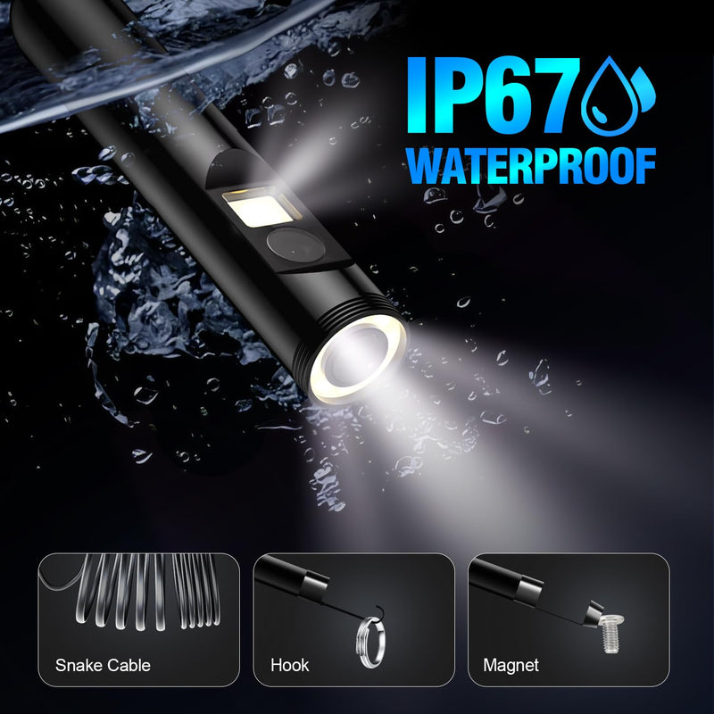 Endoscope Camera with Light, 1920P HD Borescope with 8 Adjustable LEDs, Semi-Rigid Snake Cable, IP67 Waterproof Inspection Camera for iOS & Android - 16.4FT-Dual Lens Black